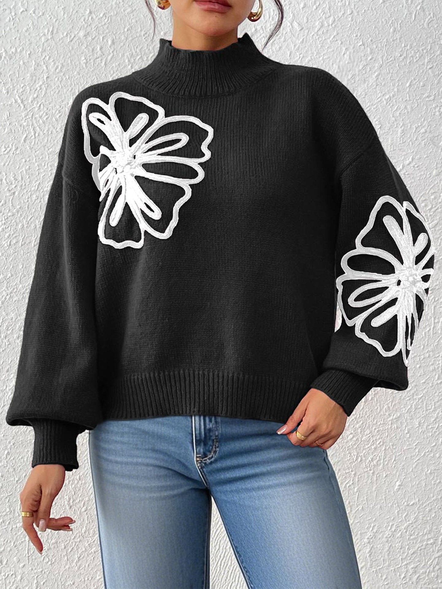 Embroidery Flower Neck Sweater