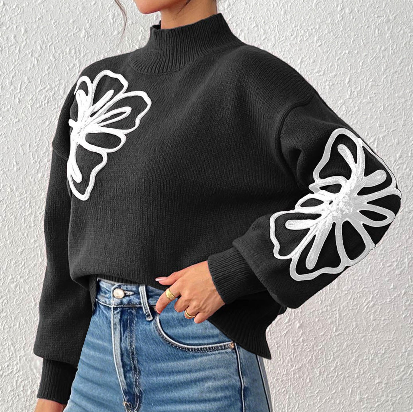 Embroidery Flower Neck Sweater