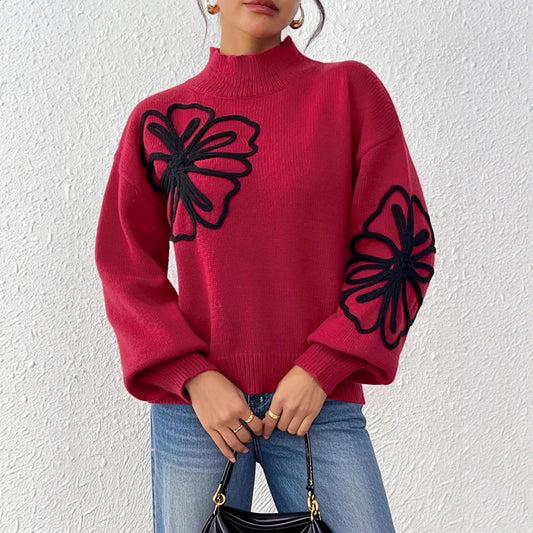 Embroidery Flower Neck Sweater