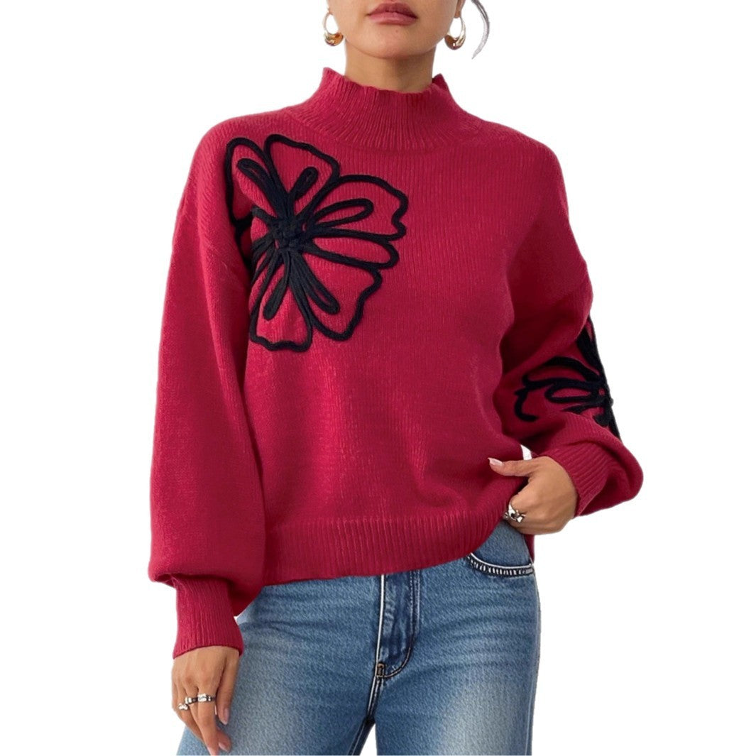 Embroidery Flower Neck Sweater
