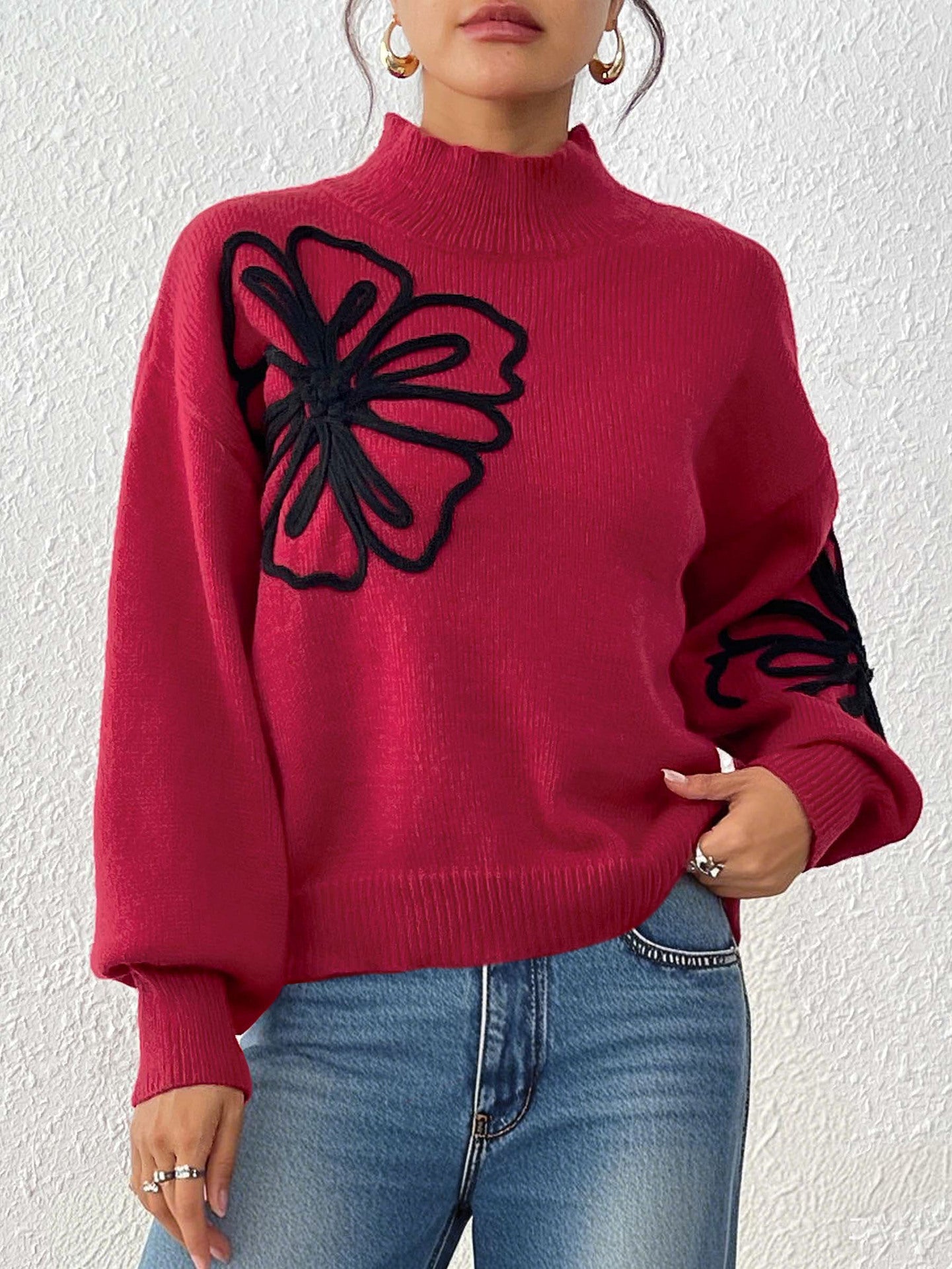 Embroidery Flower Neck Sweater